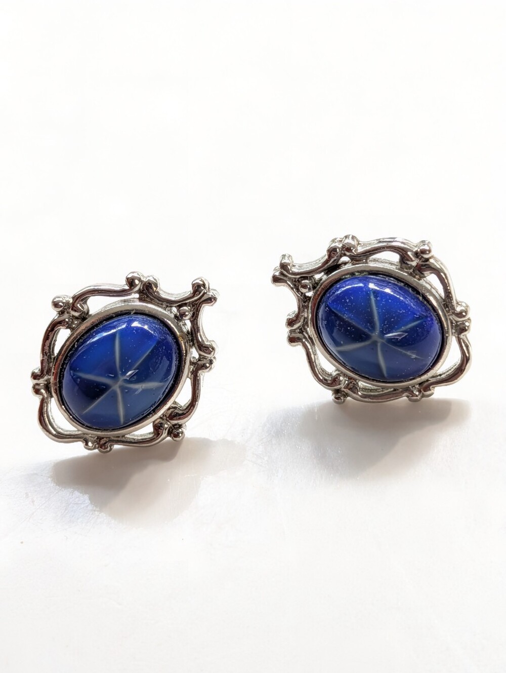 Vintage Faux Star Sapphire Cabochon Silver Tone Cameo Style Post Earrings